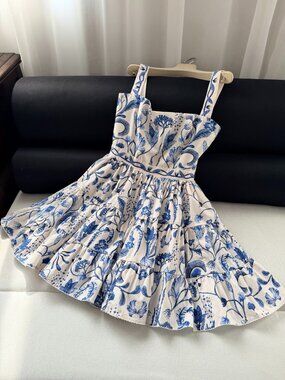 Agua by Agua Bendita Blue Floral Mini Dress Tiered Strap Resort Dress